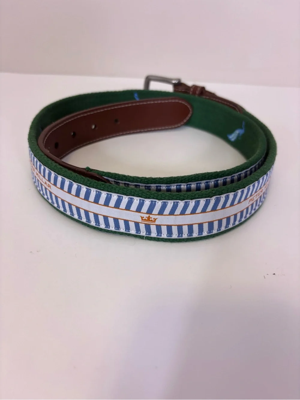Peter Millar Green Canvas Peacock Embroidery & Logo in White Stripes Belt Men’40